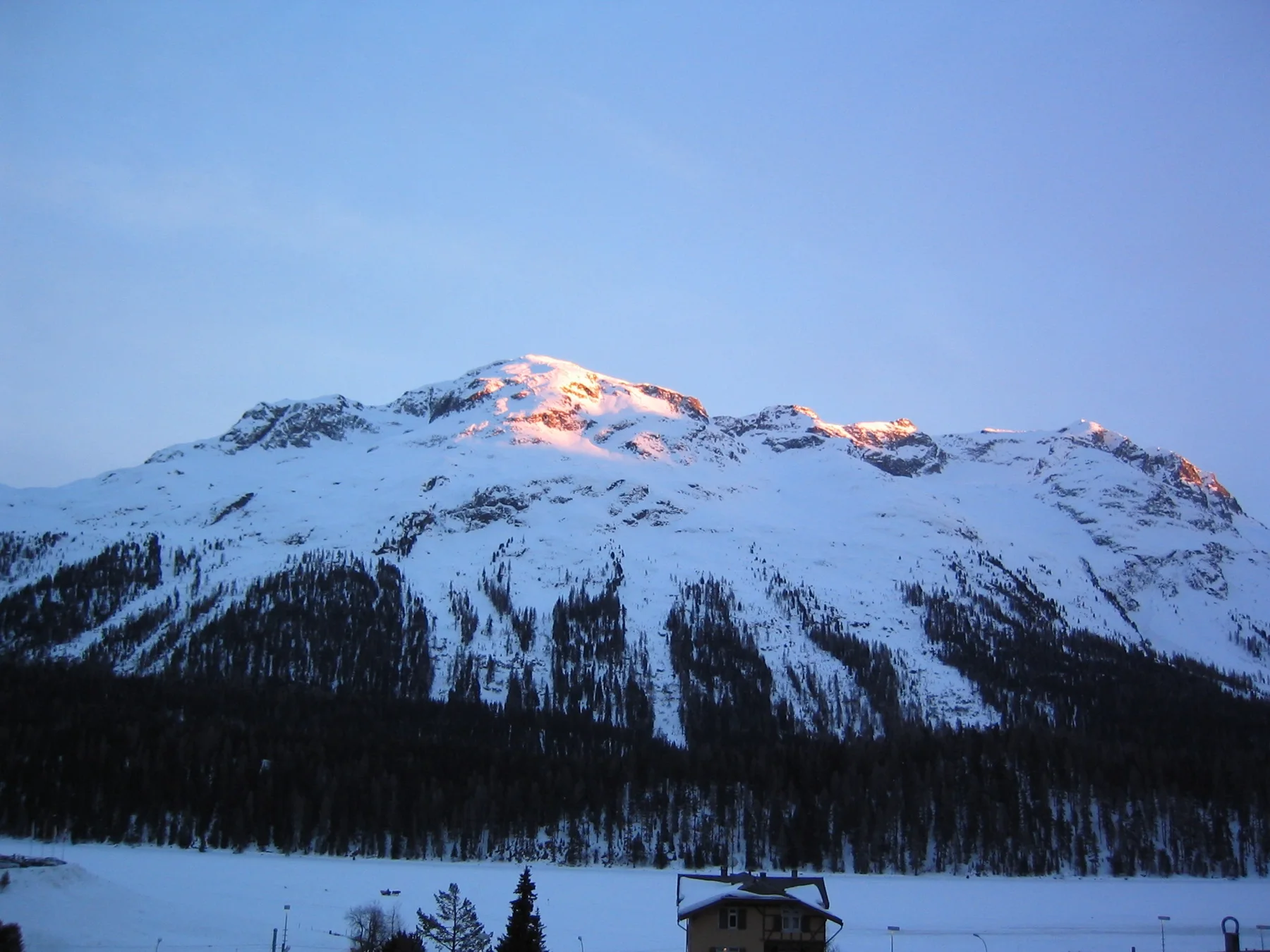 Warm light touches the highest snow-covered peaks above a dark forest.