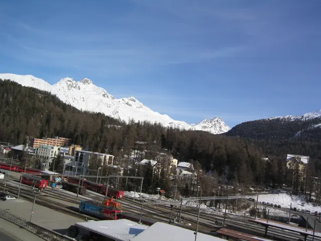 Overhead wires and station tracks spread below wooded hills and snowy peaks.