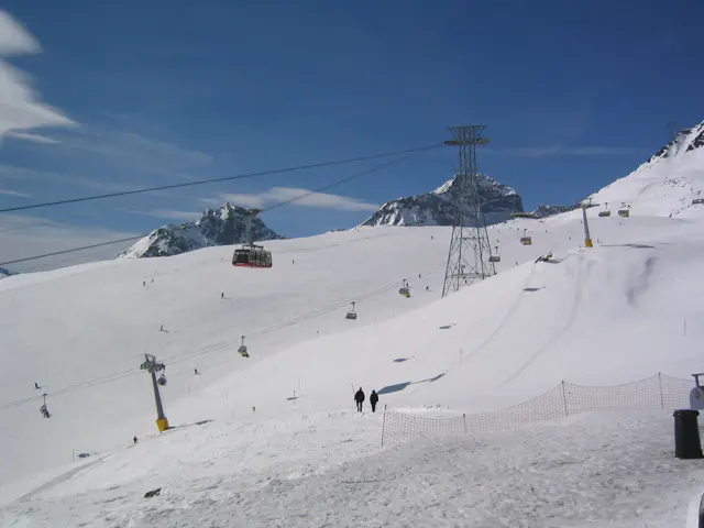 Cable towers and suspended cabins cross a high snowy slope above small figures.